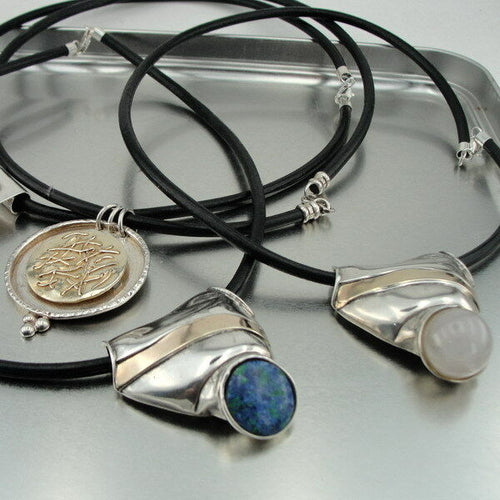 Hadar Designers Handmade Leather 9k yellow Gold 925 Silver Moonstone Pendant (H