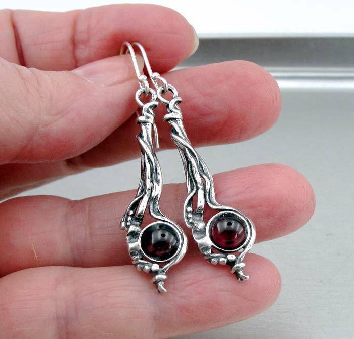 Hadar Designers Sterling 925 Silver Red Garnet Earrings Handmade Long (H) SALE