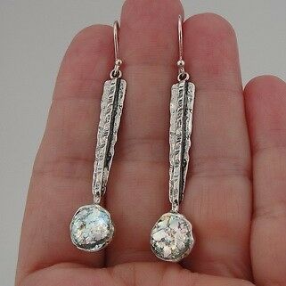 Hadar Designers Israel Handmade 925 Sterling Silver Roman Glass Earrings (as 243