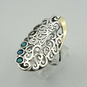 Hadar Designers Filigree 9k Gold Sterling Silver Blue Opal Ring  6,7,7.5,8,9 (ms