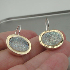 Hadar Designers Handmade 9k Yellow Gold 925 Silver Opal Druzy earrings (I e163)