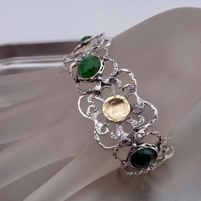 Hadar Designers Emerald Bracelet Handmade 9k Yellow Gold 925 Silver (I b220)SALE