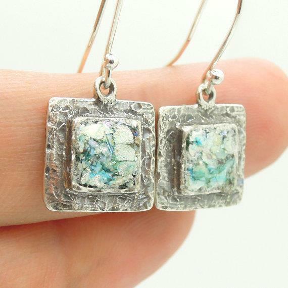 Hadar Designers Handmade Square 925 Silver Antique Roman Glass Earrings (as)SALE