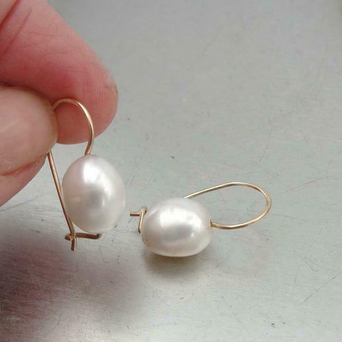 Hadar Designers Israel Handmade 14k Gold F Natural Oval White Pearl Earrings (Ve