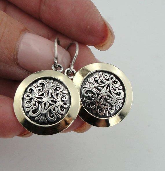 Hadar Designers 9K Yellow Gold 925 Silver Earrings Round Filigree Handmade (MS