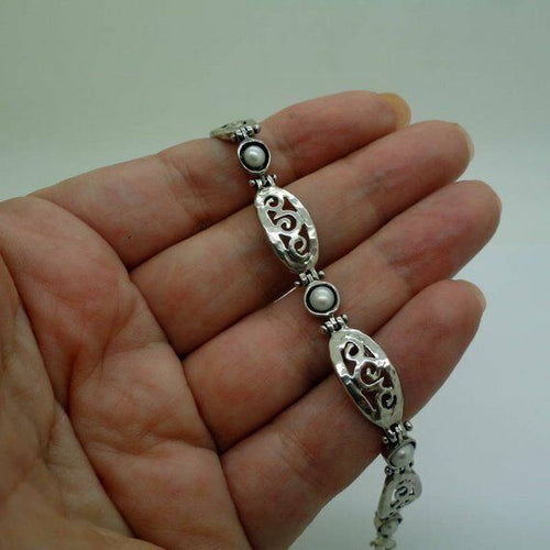 Hadar Designers 925 Sterling Silver Pearl Bracelet Charming Handmade Filigree (S