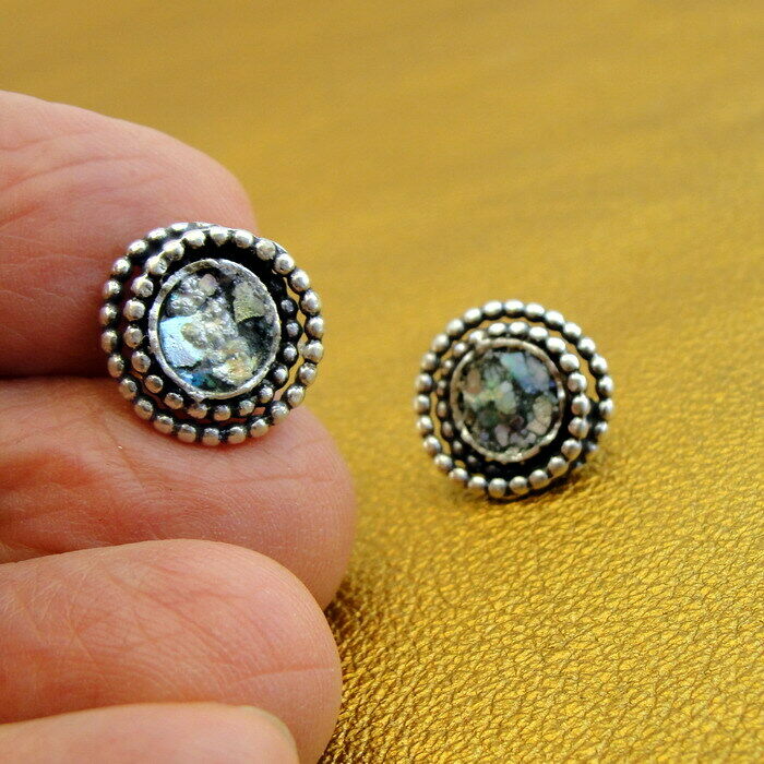 Hadar Designers 925 Sterling Silver Roman Glass Stud Earrings Handmade (AS)SALE