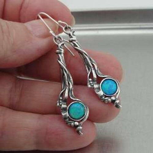 Hadar Designers Handmade Drop Dangle Sterling Silver Blue Opal Earrings (H) SALE