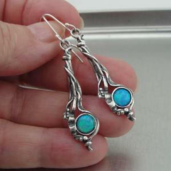 Hadar Designers Handmade Drop Dangle Sterling Silver Blue Opal Earrings (H) SALE