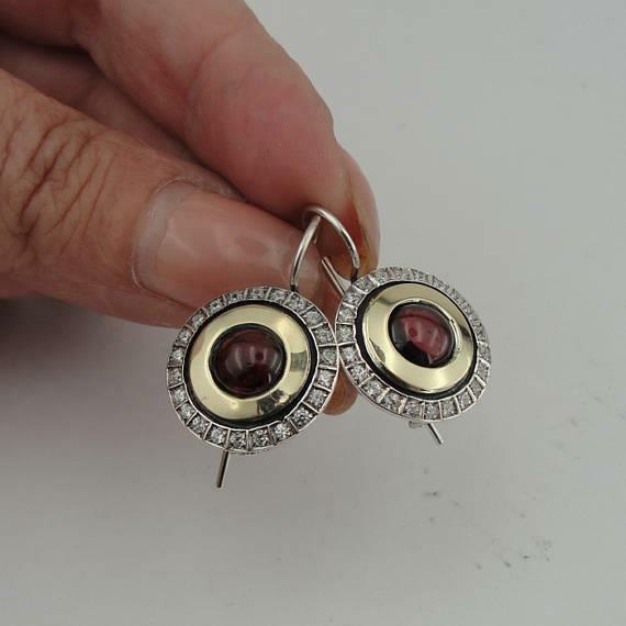 Hadar Designers Handmade 9k Yellow Gold 925 Sterling Silver Garnet Earrings (MSy