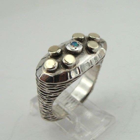 Hadar Designers Blue Opal Ring Handmade 9k Yellow Gold 925 Silver sz 7 Last One