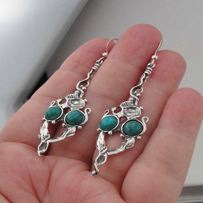 Hadar Designers Handmade Long Dangle 925 Sterling Silver Turquoise Earrings (H