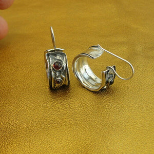 Hadar Designers Red Garnet Hoop Earrings 925 Sterling Silver Handmade () SALE