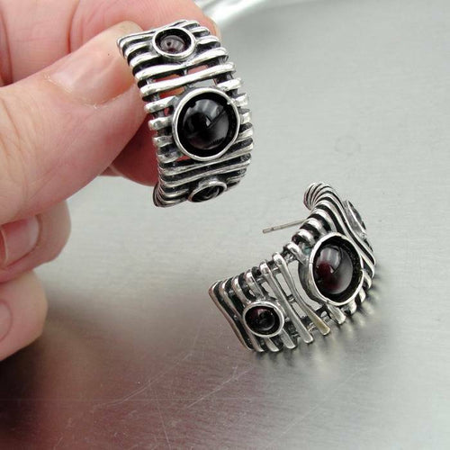 Hadar Designers Handmade Unique Artist J Hoop Silver Garnet Earrings (H) SALE