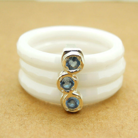 Hadar Designer Handmade White Ceramic 925 Silver Blue Topaz Ring 6,7,8,9(I r888 