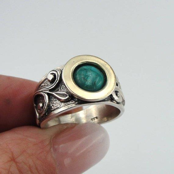 Hadar Designers Turquoise Ring Handmade 9k Yellow Gold 925 Silver sz 6,7,8,9 (MS