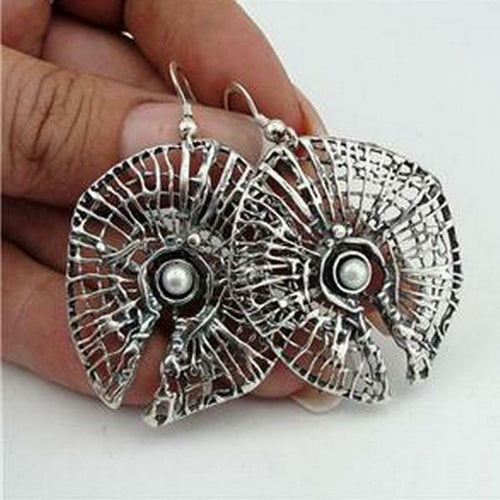 Hadar Designers 925 Sterling Silver Net Pearl Earrings Handmade Drop Dangle (H)