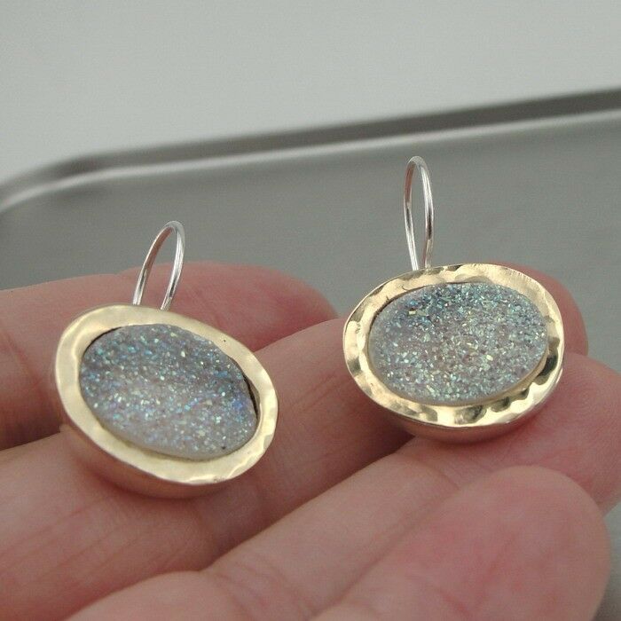 Hadar Designers 9k Yellow Gold 925 Silver Opal Druzy earrings Handmade (I e163)