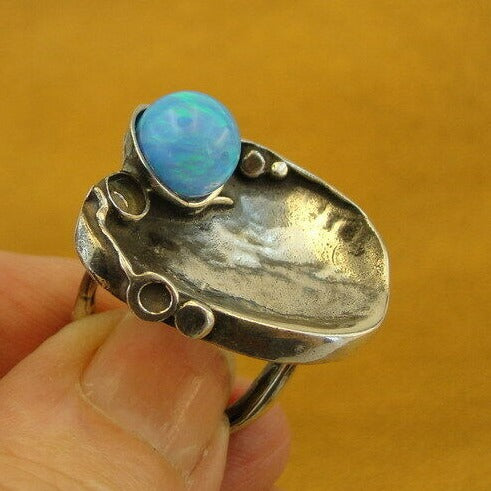 Hadar Designers 925 Sterling Silver Blue Opal Ring size 6.5, 7 Handmade (H) SALE