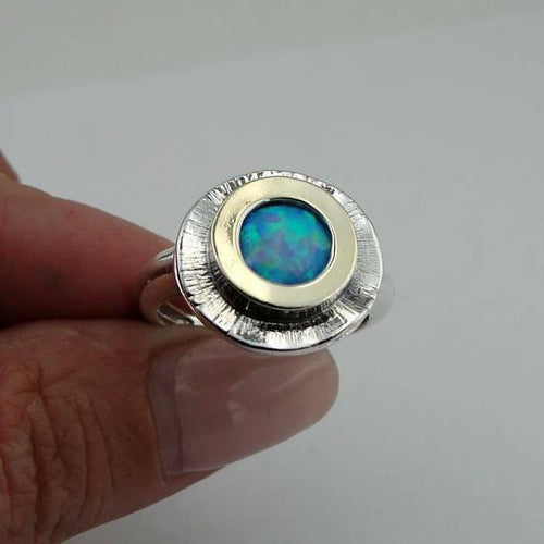 Hadar Designers Blue Opal Ring sz 6,7,8,9 Handmade 9k Yellow Gold 925 Silver (Ms