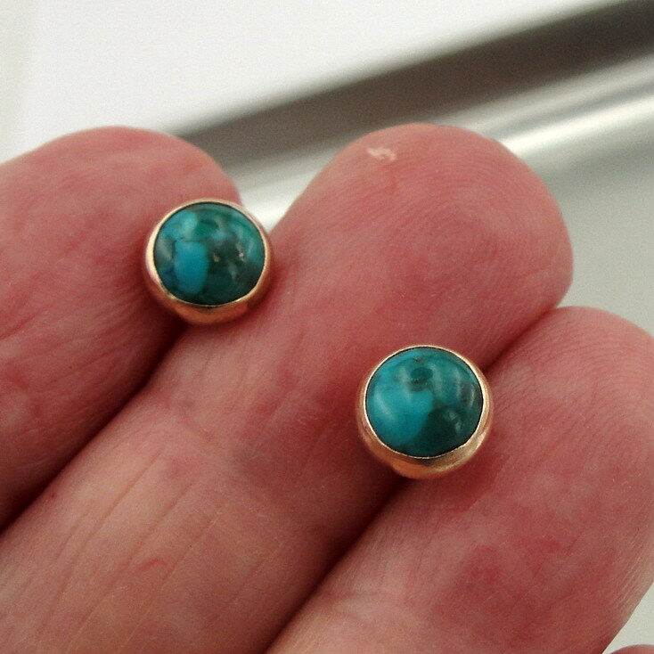 Hadar Designer 14k Yellow Gold Fil  Stud Earrings 7mm Chrysocolla Handmade (v