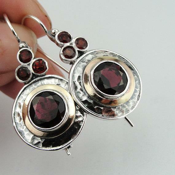 Hadar Designers Handmade Long 9k Yellow Gold Sterling Silver Garnet Earrings (Ms