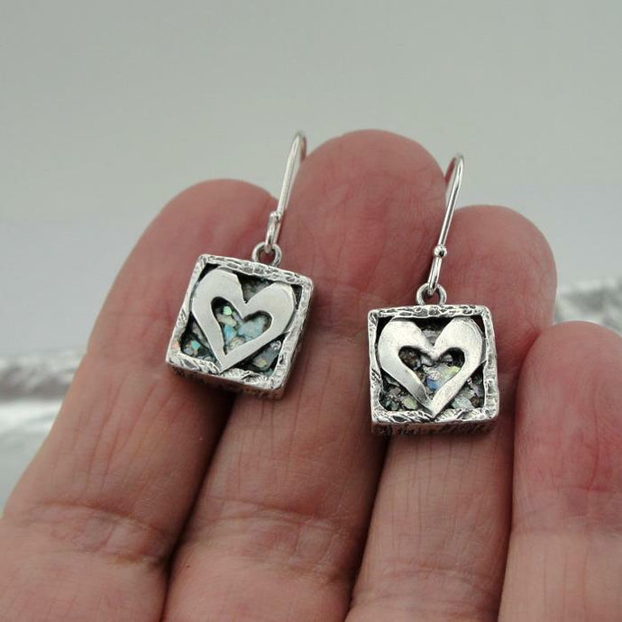 Hadar Designers Sterling Silver Antique Roman Glass Heart Earrings Handmade (AS)