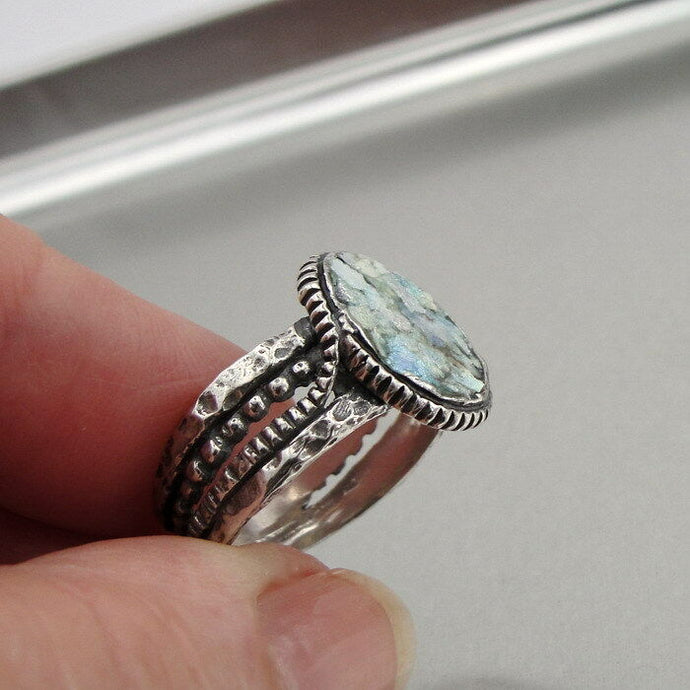 Hadar Designers 925 Sterling Silver Oval Roman Glass Ring 6,7,8,9 Handmade (as) 