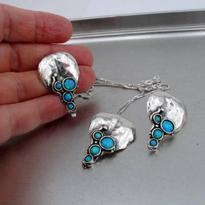 Hadar Designers Handmade Sterling Silver Blue Opal Earrings Pendant Set (H 2663