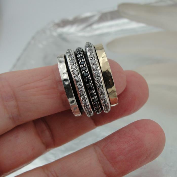 Hadar Designers Swivel 9k Gold 925 Silver Black Diamond Ring sz 6,7,8,9 (I r820