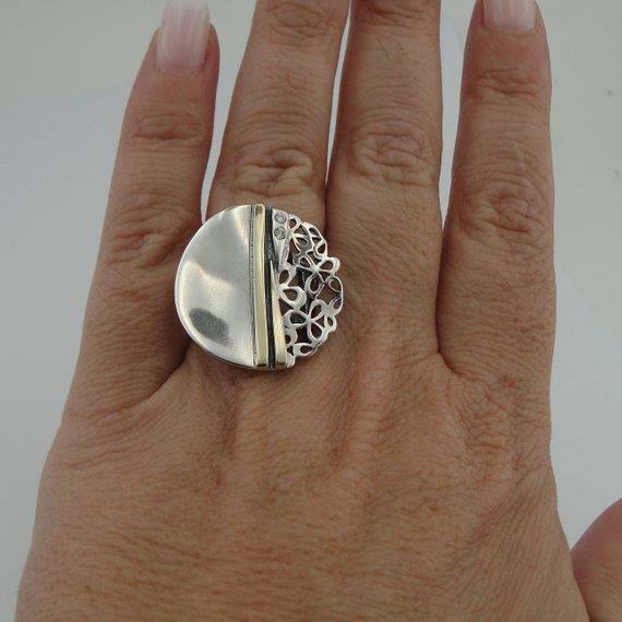 Hadar Designers Filigree Ring 6,7,8,9, Modern Handmade 9k Yellow Gold 925 Silver