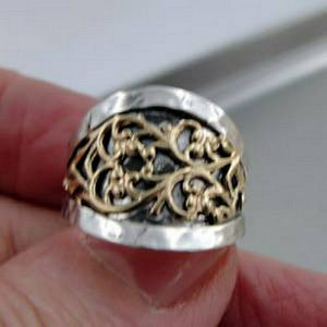 Hadar Designers Filigree Ring 9k Yellow Gold Sterling Silver 6.5,7  (I r263 SALE