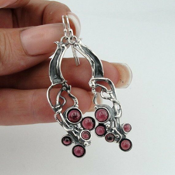 Hadar Designers 925 Sterling Silver Red Garnet Earrings Handmade long Dangle (H)