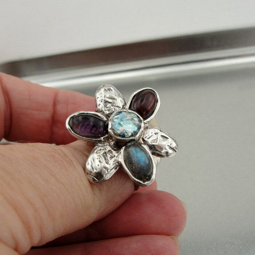 Hadar Designer Handmade Floral 925 Silver Garnet Amethyst Ring 6,7,7.5,8,9 (as)Y