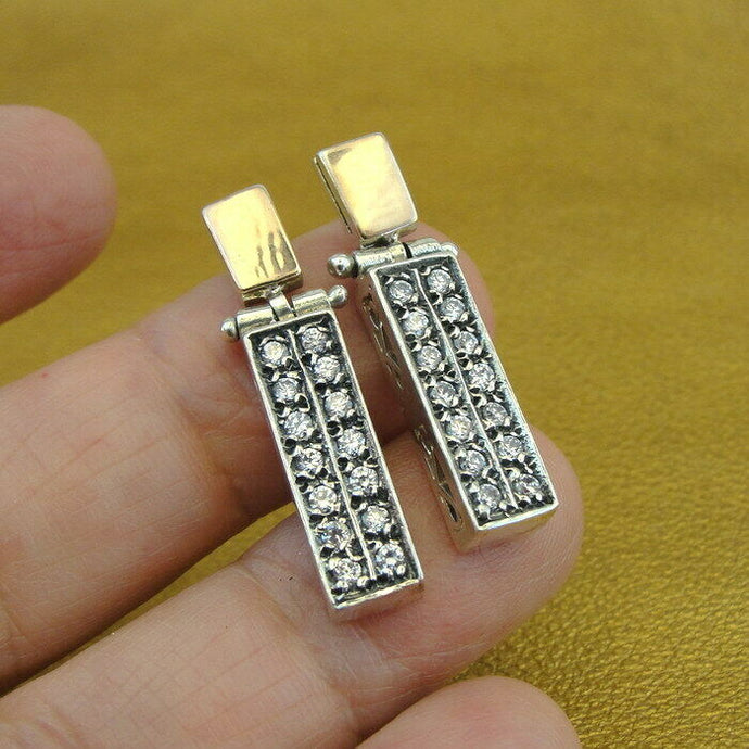 Hadar Designers Handmade Long 9k Yellow Gold 925 Silver Zircon Stud Earrings ()y