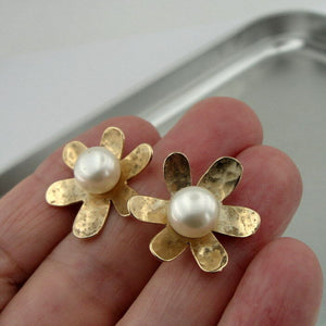 Hadar Designers 14k Gold Fil 8mm White Pearl Stud Earrings Handmade Floral (V