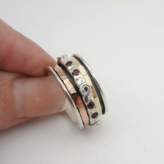 Hadar Designers Swivel 9k Gold Sterling Silver Garnet Ring 6,7,8,9,10 (I R533)Y