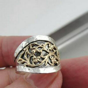 Hadar Designers Filigree Ring 9k Yellow Gold Sterling Silver 6.5,7  (I r263 SALE