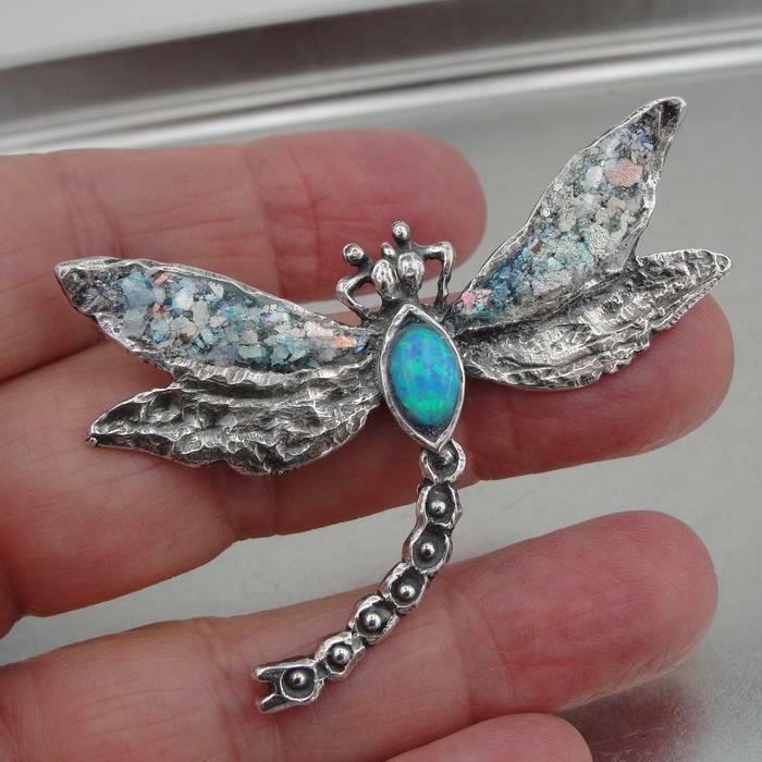 Hadar Designers Handmade Sterling Silver Dragonfly Blue Opal Pin Brooch (as 8190