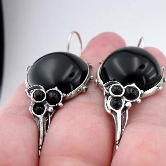 Hadar Designers 925 Sterling Silver Black Onyx Earrings Handmade Artist Dangle(H