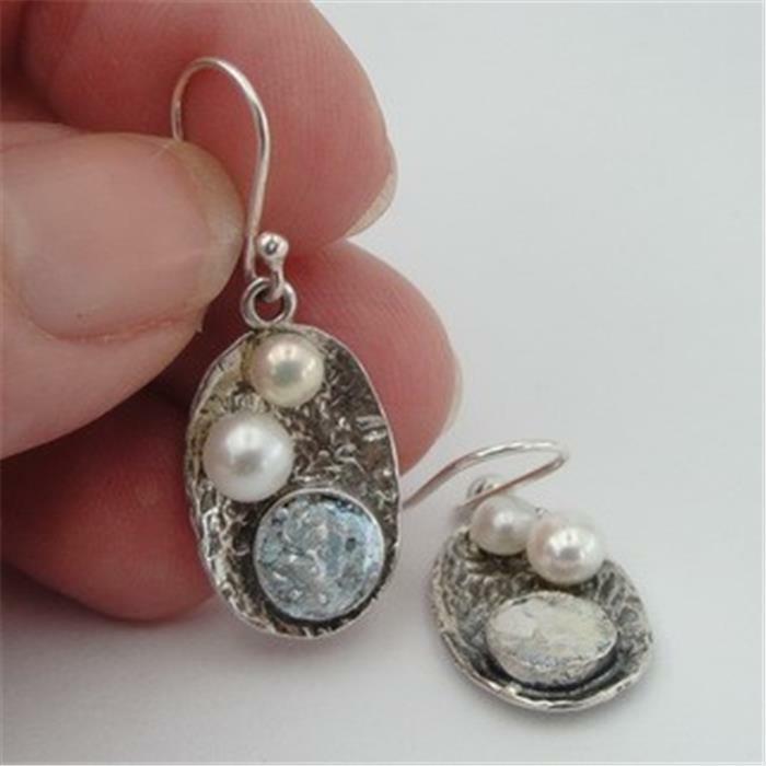 Hadar Designers Handmade Sterling Silver White Pearl Roman Glass Earrings (as)