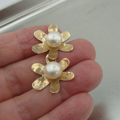Hadar Designers 14k Gold Fil 8mm White Pearl Stud Earrings Handmade Floral (V