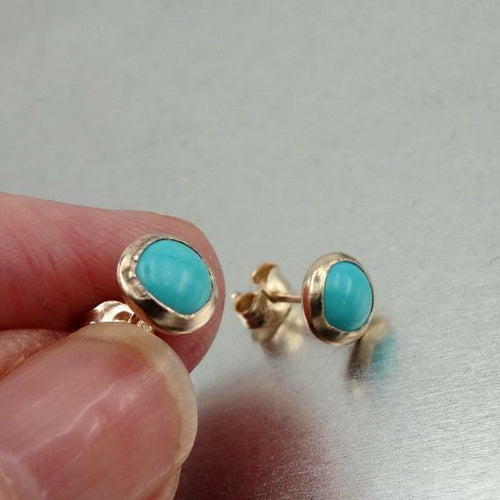 Hadar Designers 7mm Turquoise Stud Earrings Handmade 14k Yellow Gold filled (v