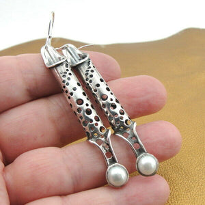 Hadar Designers Handmade Long 925 Sterling Silver Pearl Earrings (H) SALE