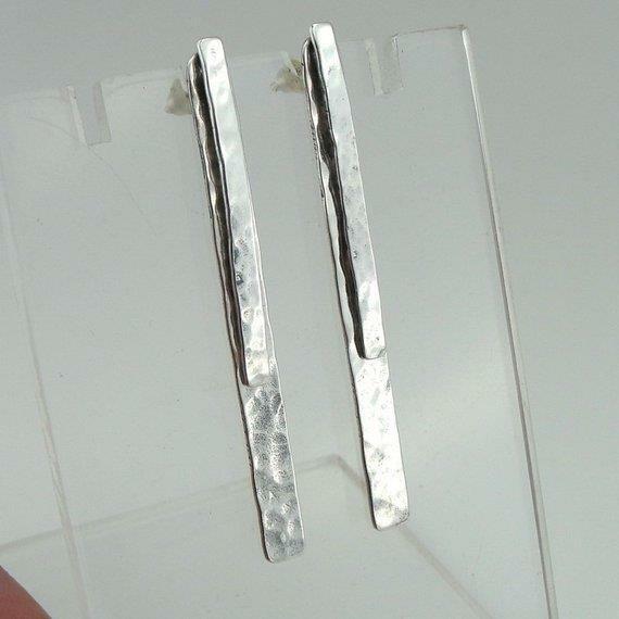 Hadar Designers 925 Silver Long Stud Earrings Handmade Modern Art Hammered (MS)