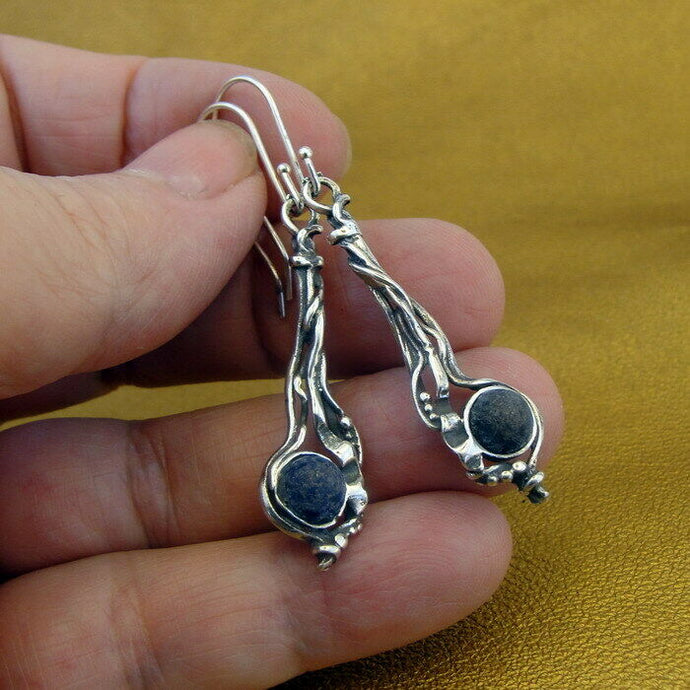 Hadar Designers Sterling 925 Silver Lava stone Earrings Handmade Long (H) SALE