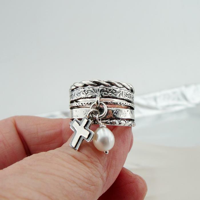 Hadar Designers 925 Sterling Silver Cross Pearl Ring size 7.5,8 Handmade () SALE