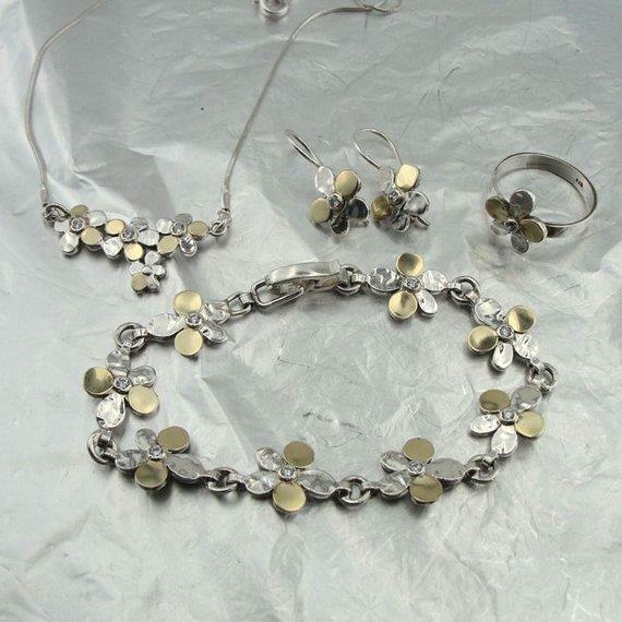 Hadar Designers Full Jewelry Set Bridal Gift Floral Handmade 9k Gold Silver  (ms