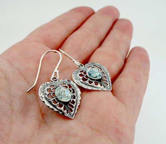 Hadar Designers Antique Roman Glass Heart Earrings Handmade Sterling Silver (ASy