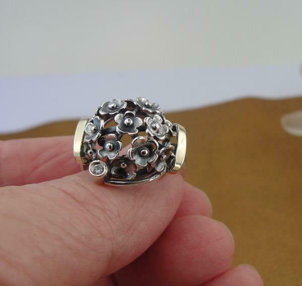 Hadar Designers 9k Yellow Gold 925 Silver Floral Zircon Ring 6,7,8,9 Handmade(MS